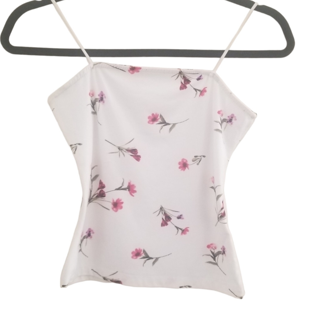 Women's Orange Kiss White Floral Spaghetti Strap Tank Top Size S